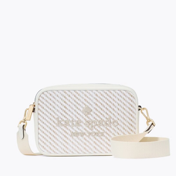 ♠️Kate Spade Oh Snap Straw Camera Crossbody Bag, Meringue White